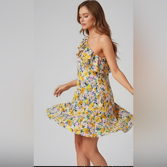Boho Floral Print One Shoulder Ruffle Trim Dress - Picture 4 of 9